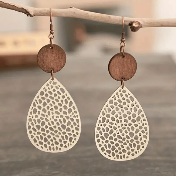 Lightweight Wooden Hollow Teardrop Dangle Earrings 2-Tone Fashion Jewelry Boho - Picture 1 of 5